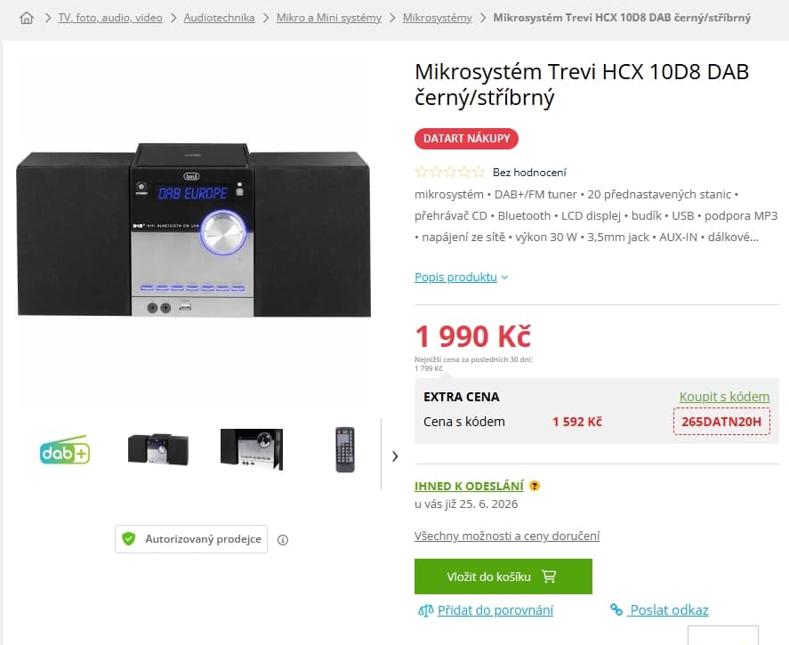 HIFI mikrosystém Trevi, BT, 30W, USB, CD, DAB+, rádio