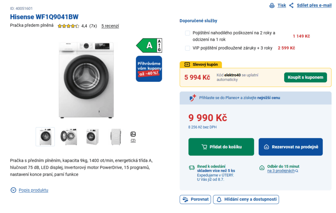 Parní pračka Hisense 9 kg, 1400ot., A