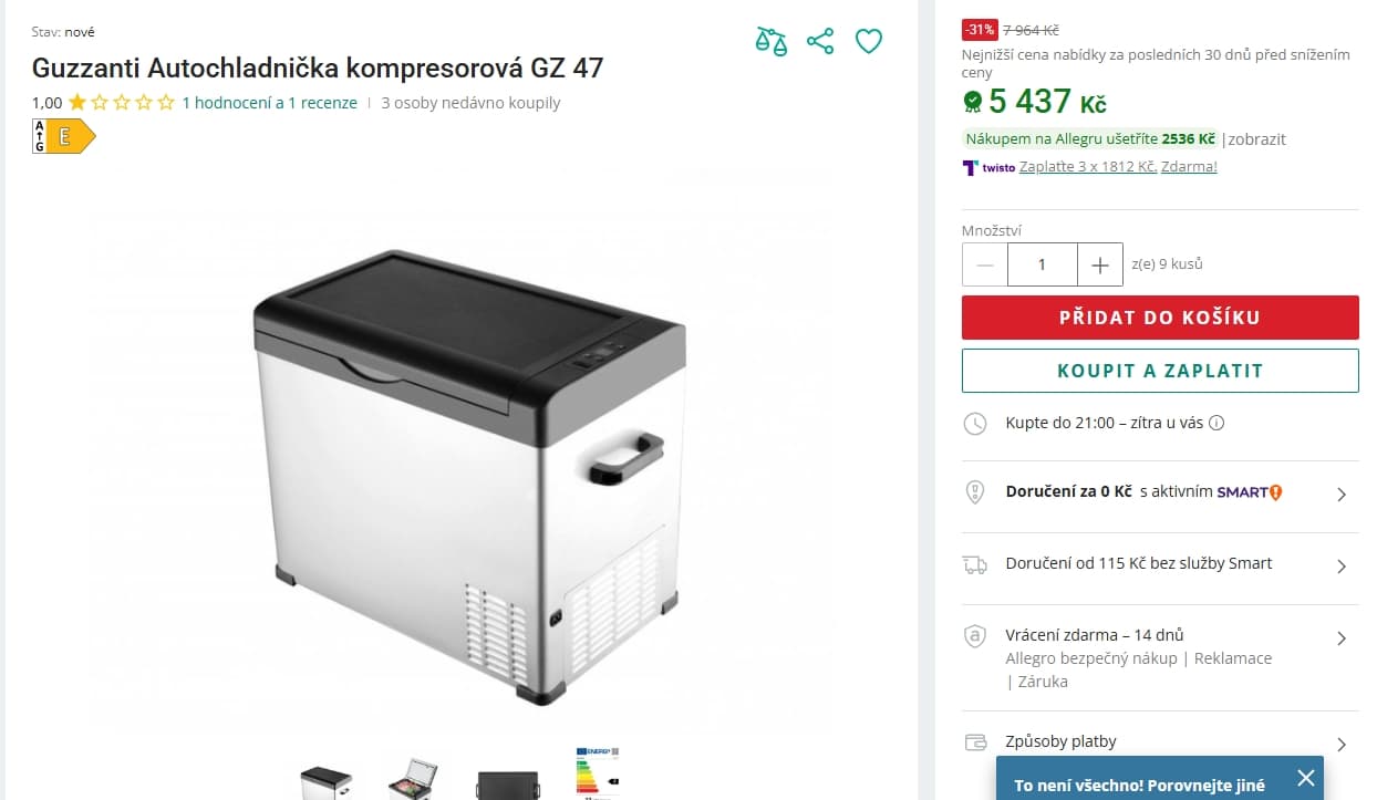 Autochladnička Guzzanti 46 l., ohřev