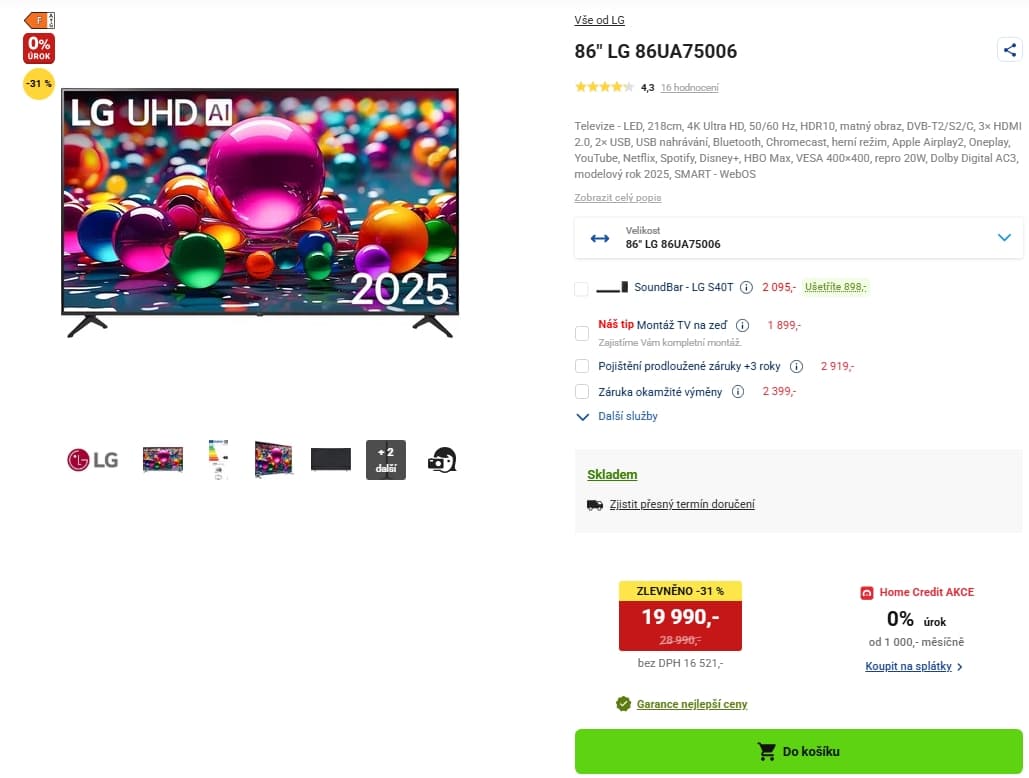 4K Smart TV, 218 cm, LG