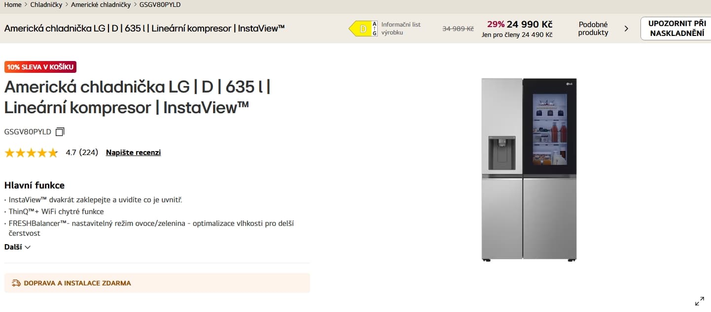 Am. lednice LG, InstaView, led, Wifi, 179cm