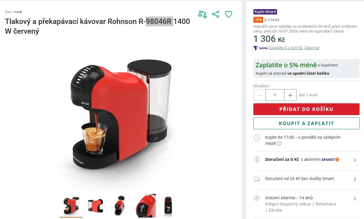 Kávovar na kapsle a mletou kávu Rohnson, 20 bar