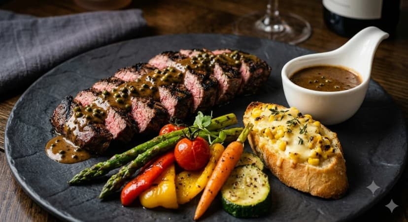 Tříchodové degustační menu pro dva: marinovaný losos, hovězí steak, dezert a láhev prosecca