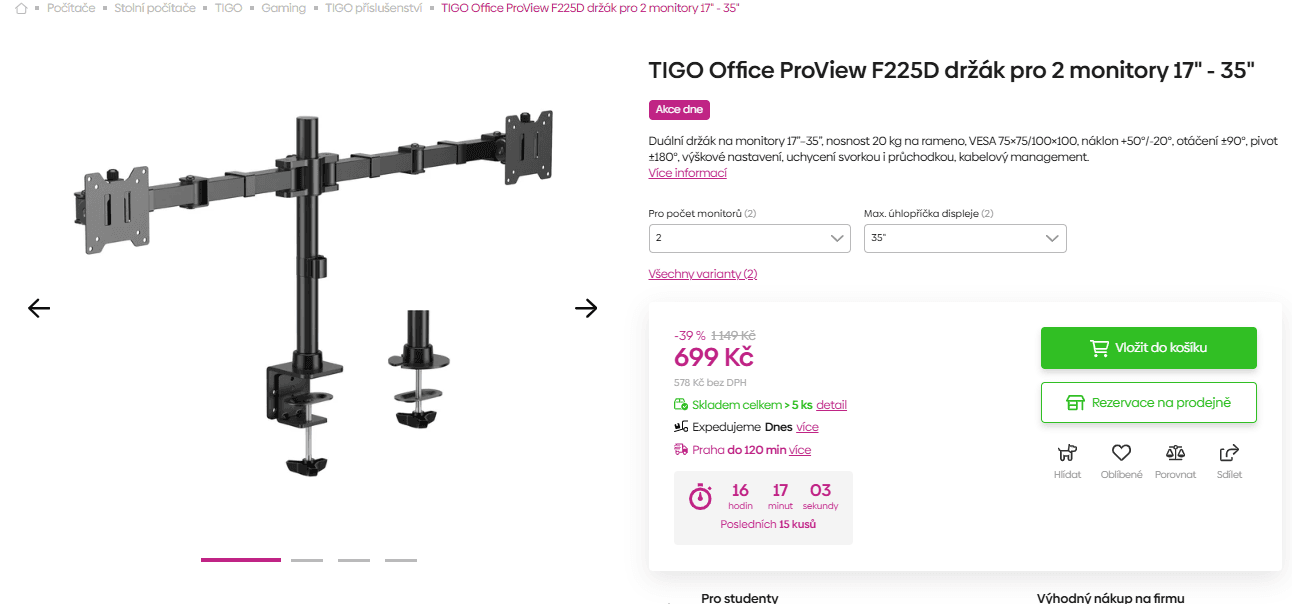Stolní duální držák na dva monitory TIGO