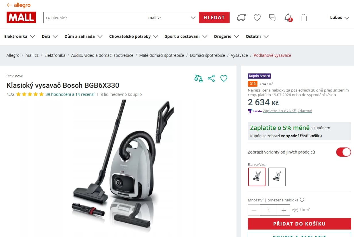 Sáčkový vysavač Bosch, HEPA, 4 l.