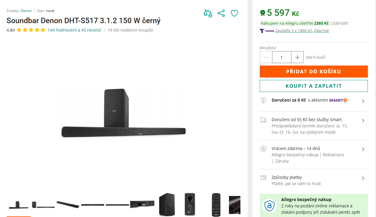 Soundbar Denon 3.1.2, 200 W, subwoofer