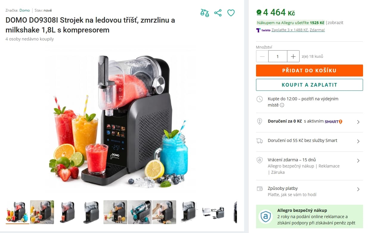 Zmrzlinovač, ledová tříšť, milk shake Domo, 1,8 l., 10 min.