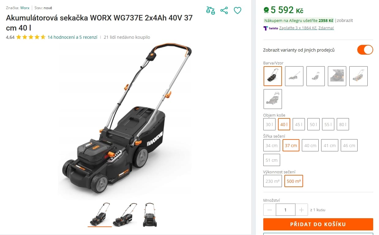 AKU sekačka Worx, 37 cm, 500 m, baterie, nabíječka