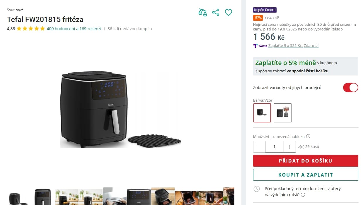Airfryer Tefal, gril, vaření v páře, 6,9l.