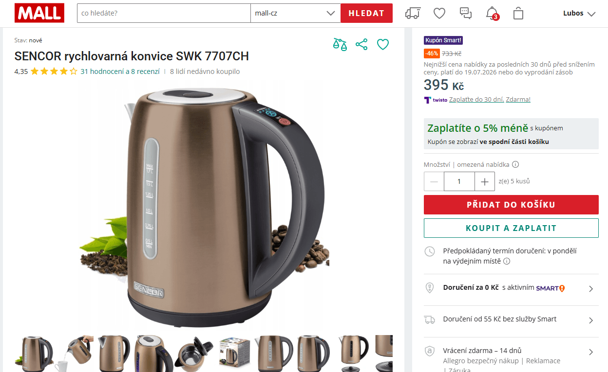 Rychlovarná konvice Sencor 1,7 l., teploty