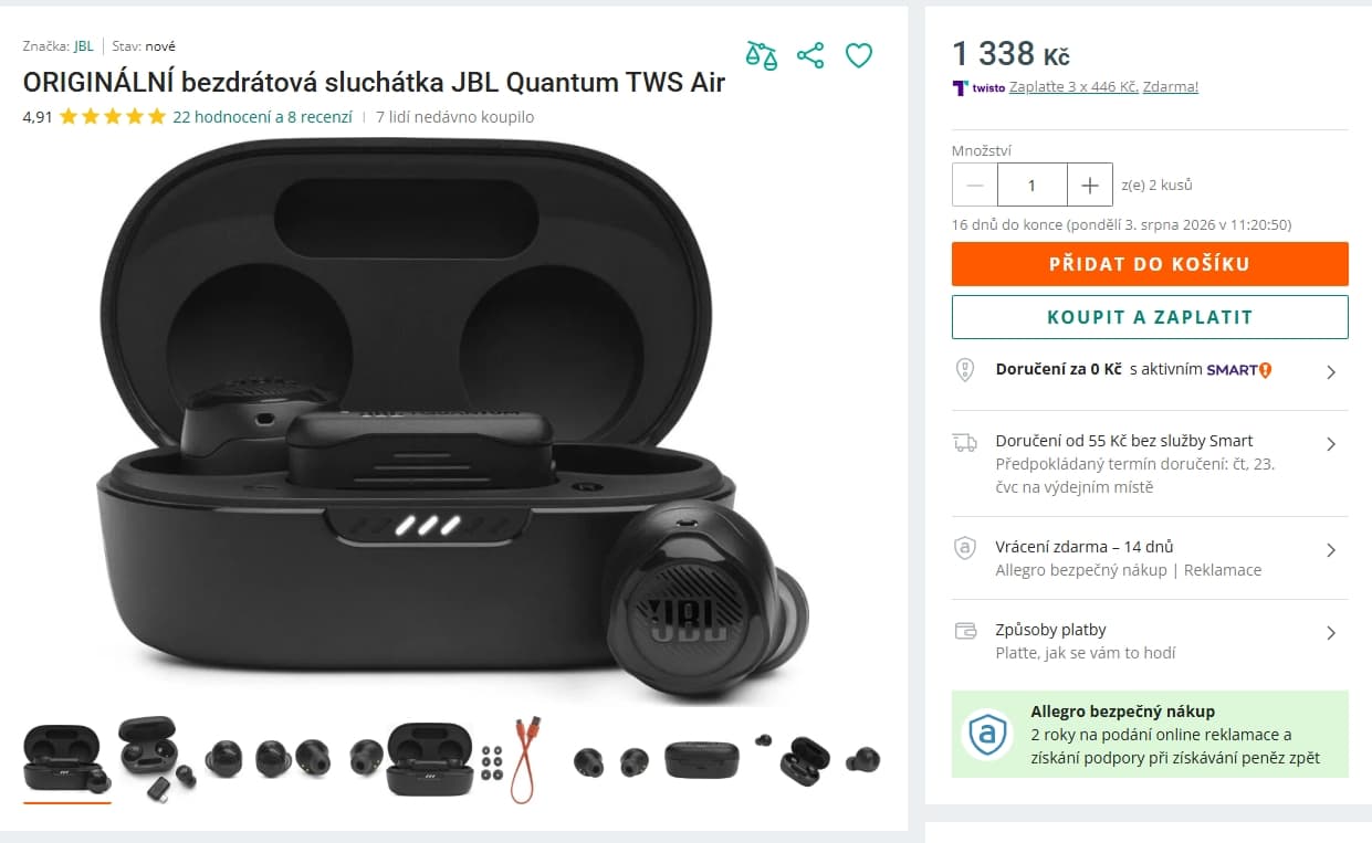 BT sluchátka JBL Quantum TWS, 24 hod.