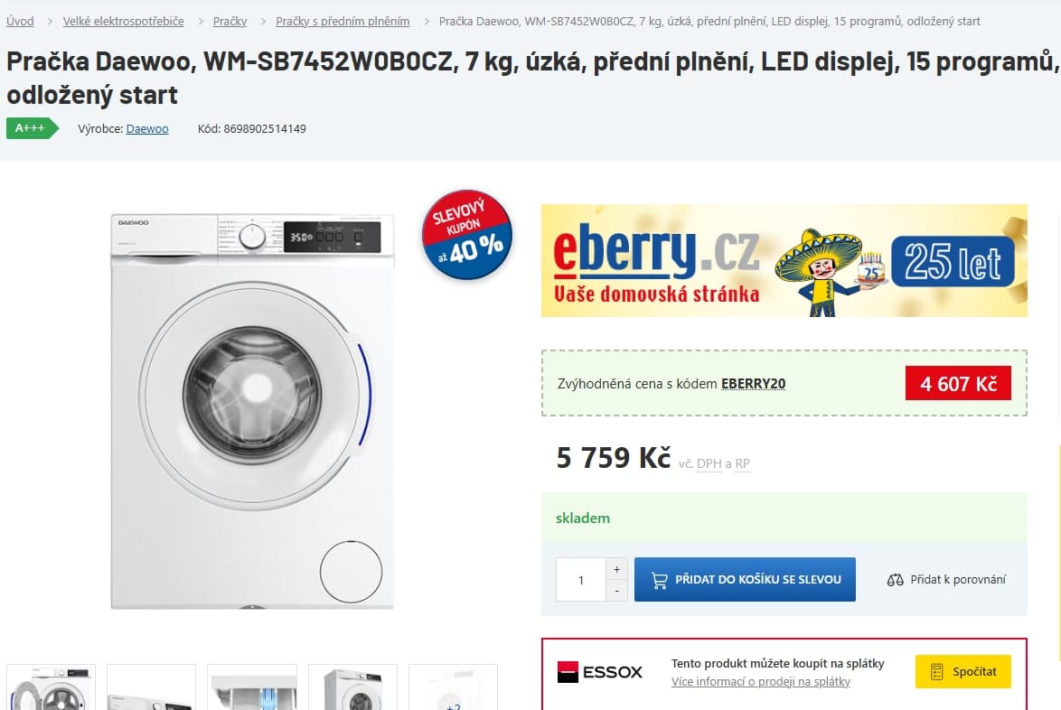 Úzká pračka Daewoo 7kg, 1200ot., B