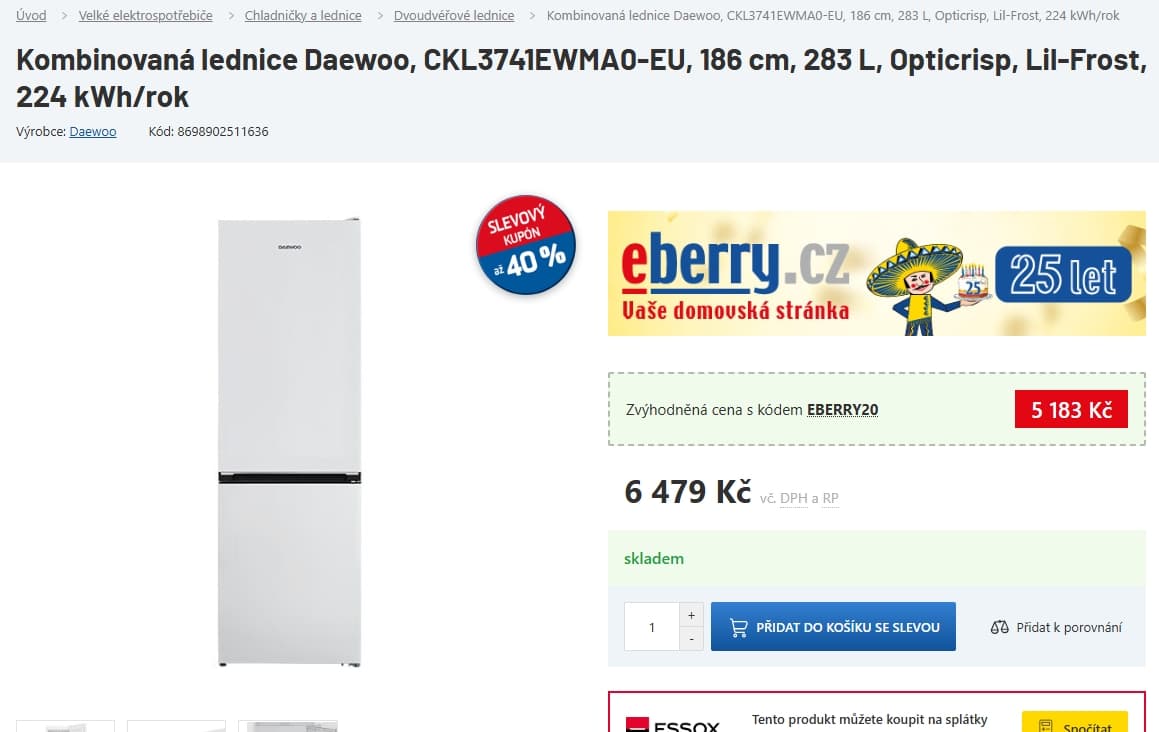 Lednice s mrazákem Daewoo, 186 cm