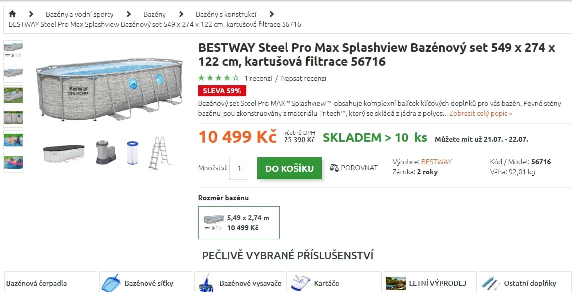 Bazén Bestway 5,49 x 2,74 m, filtrace, žebřík, schůdky