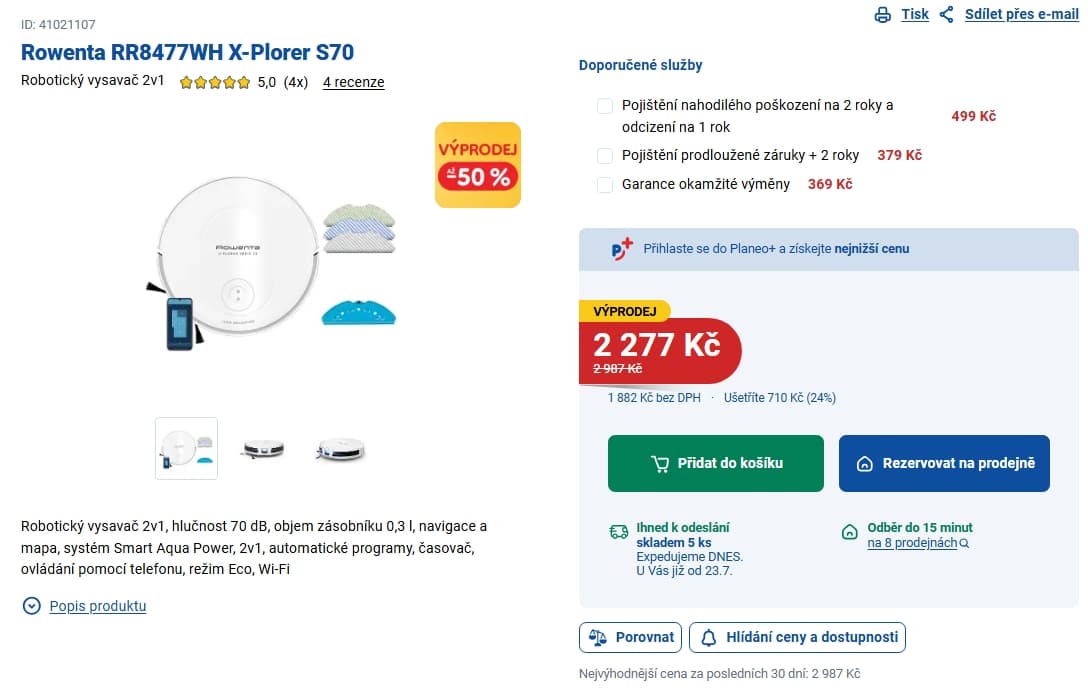 Robot vysavač/mop Rowenta 7,8 cm, laser