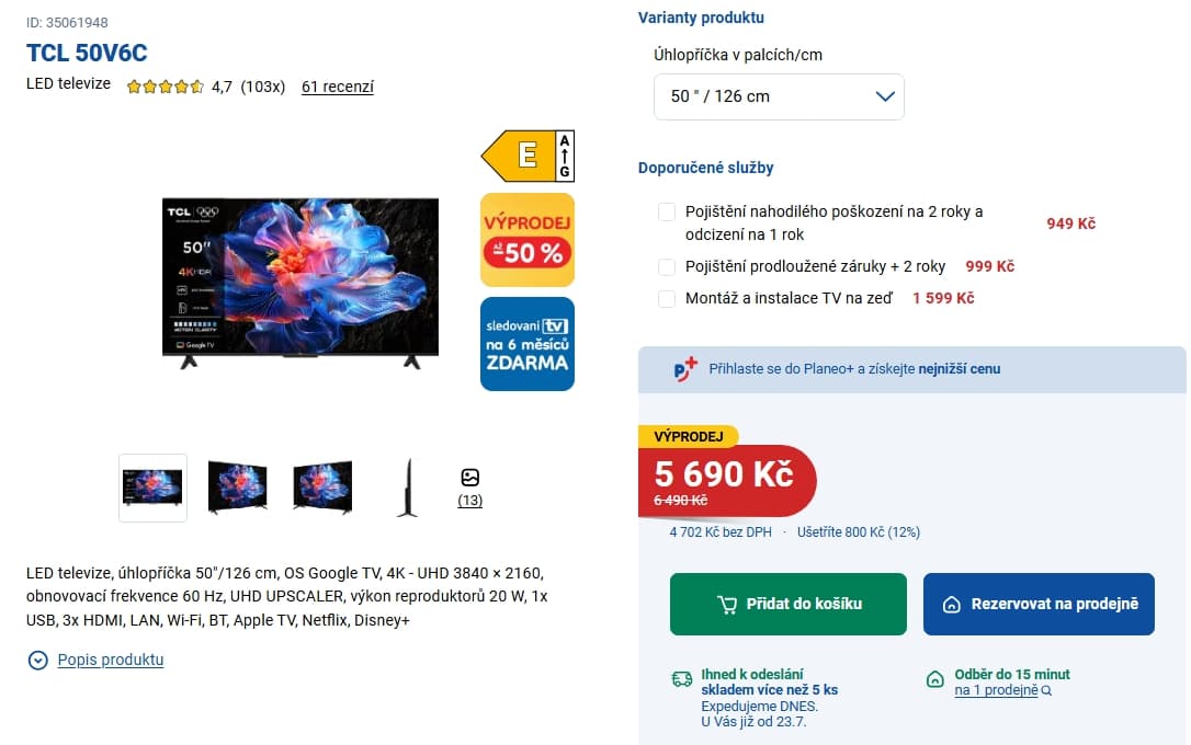 4K Google TV, 126 cm - TCL