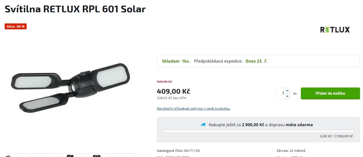 Aku kempingová svítilna se solárním panelem Retlux 