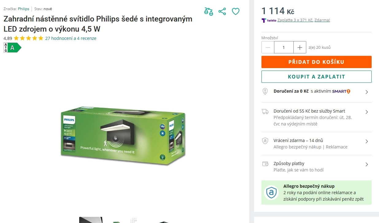 Venkovní nástěnné svítidlo Philips Bustan