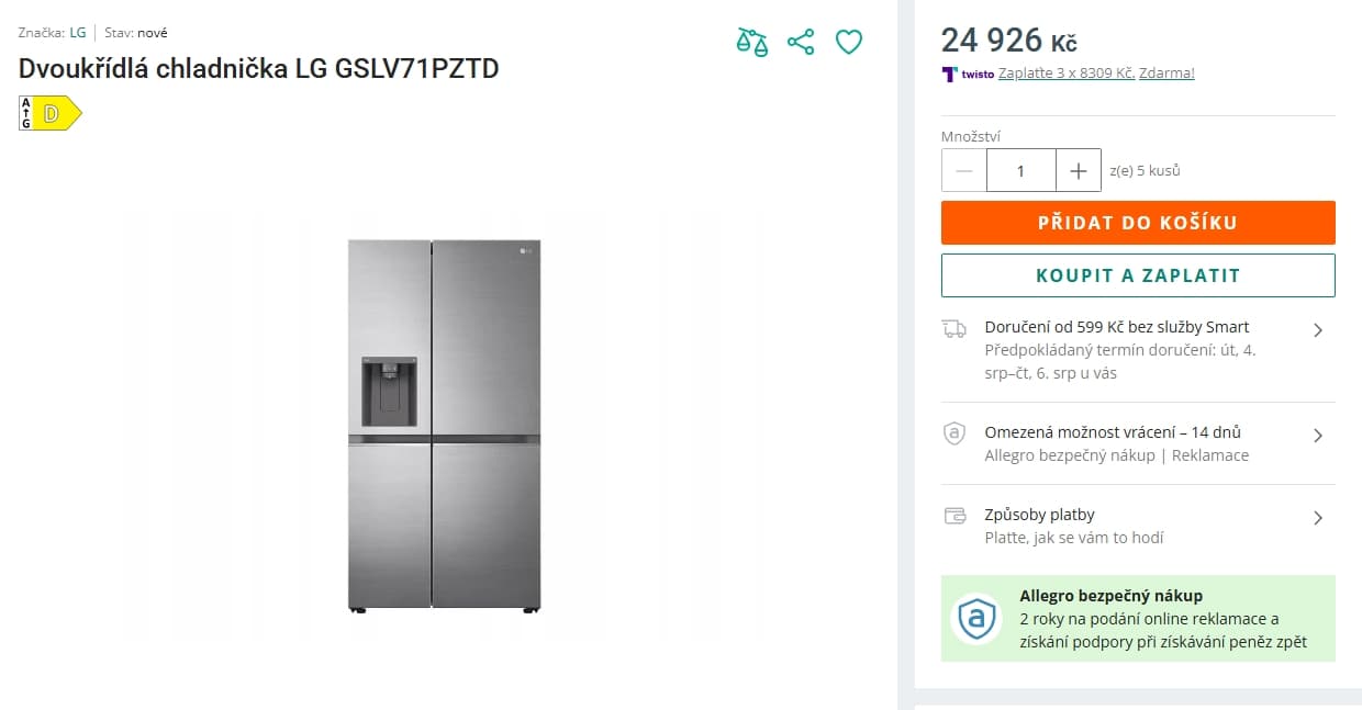 Americká lednice LG led, voda, 179cm