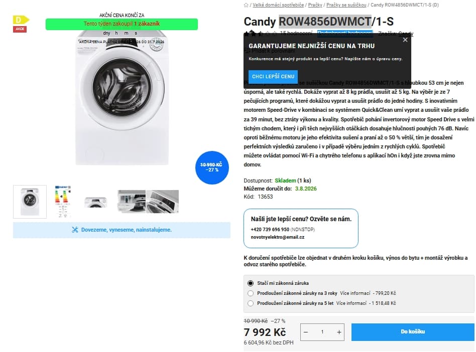 Pračka / Sušička Candy 8/5kg, 1400ot., pára, Wifi