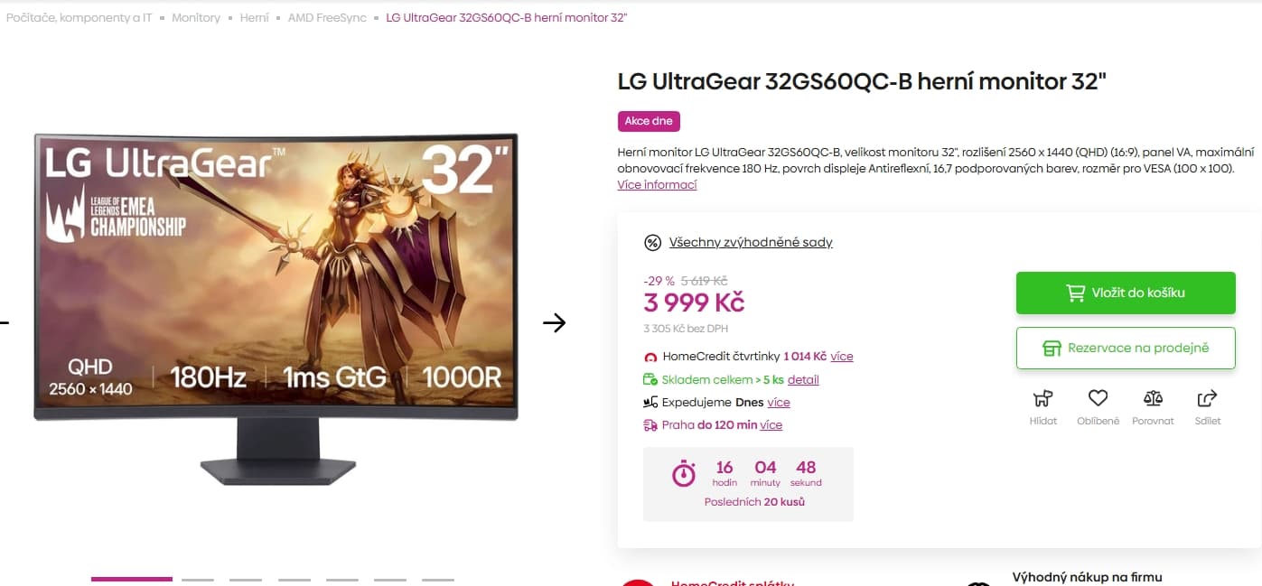 Herní QHD prohnutý PC monitor LG Ultragear 32"