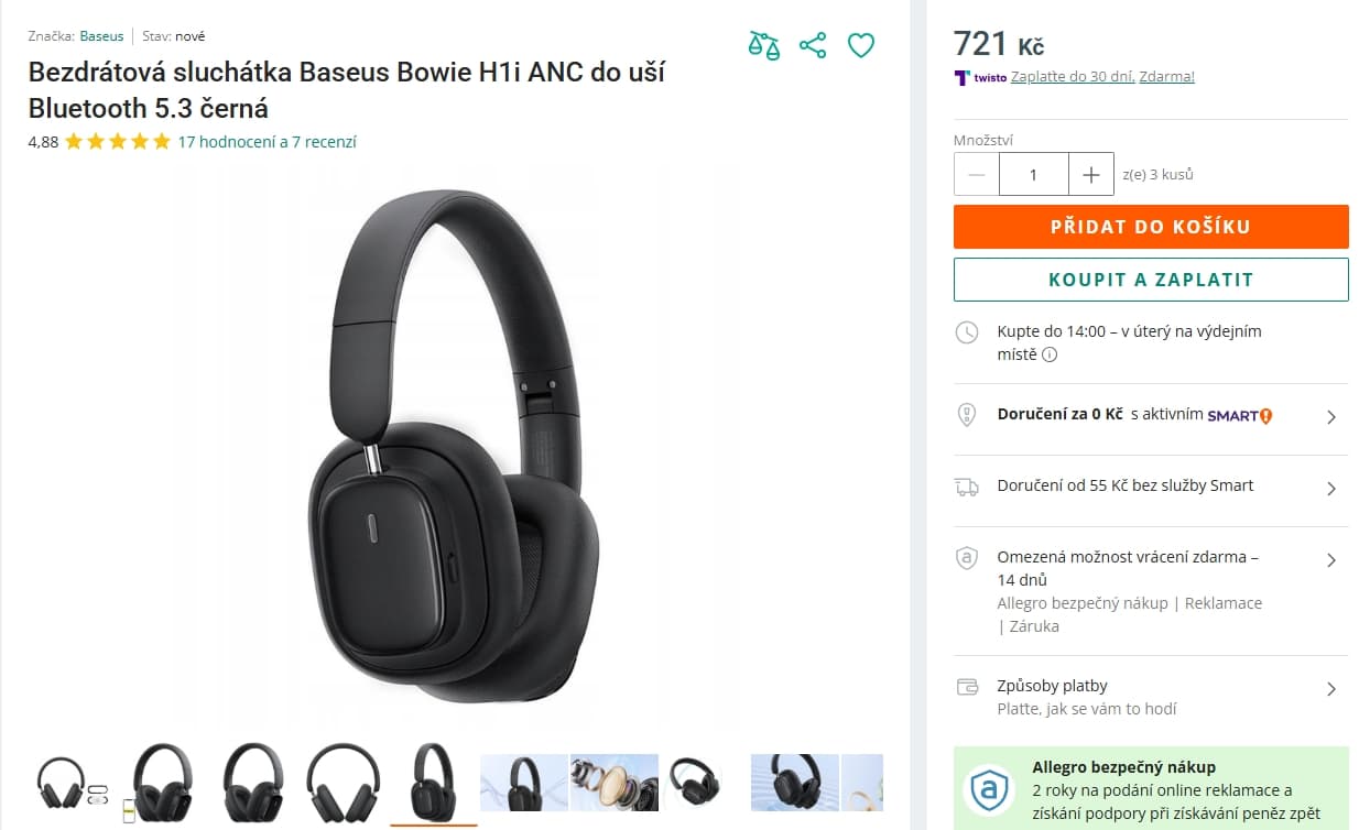 BT sluchátka Baseus Bowie H1i, ANC, 100 h.