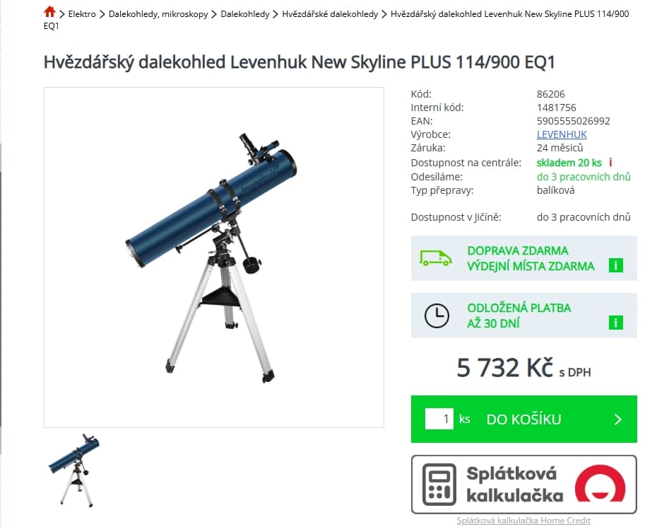 Hvězdářský teleskop Levenhuk 228x zvětšení
