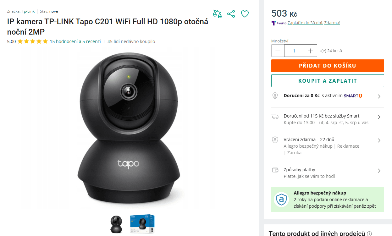 2K kamera Tapo, pohyb, detekce, noc, siréna