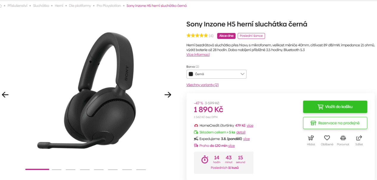 Bezdrátová herní sluchátka Sony Inzone H5, 28 hod.