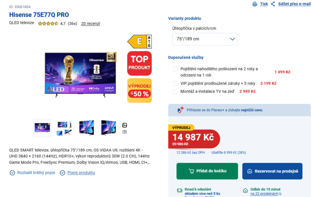 4K QLED 144Hz, Atmos, 189 cm, Hisense