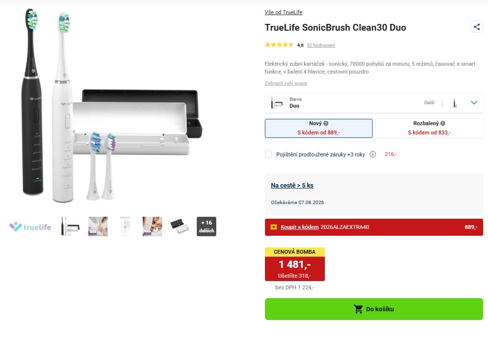 2x sonický kartáček Truelife, 5 režimů, 70000 poh
