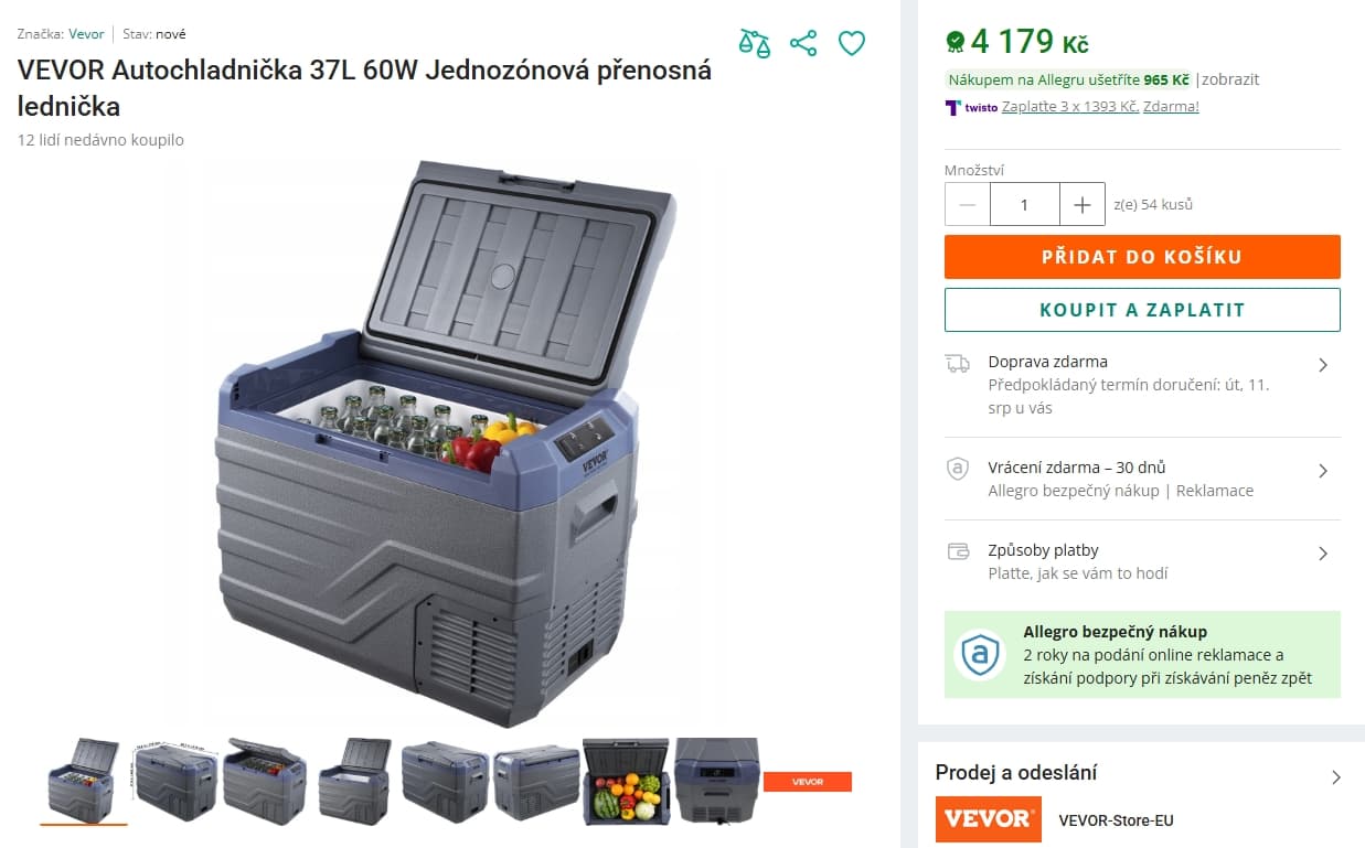 Lednice do auta kompresorová Vevor, 37 l., BT