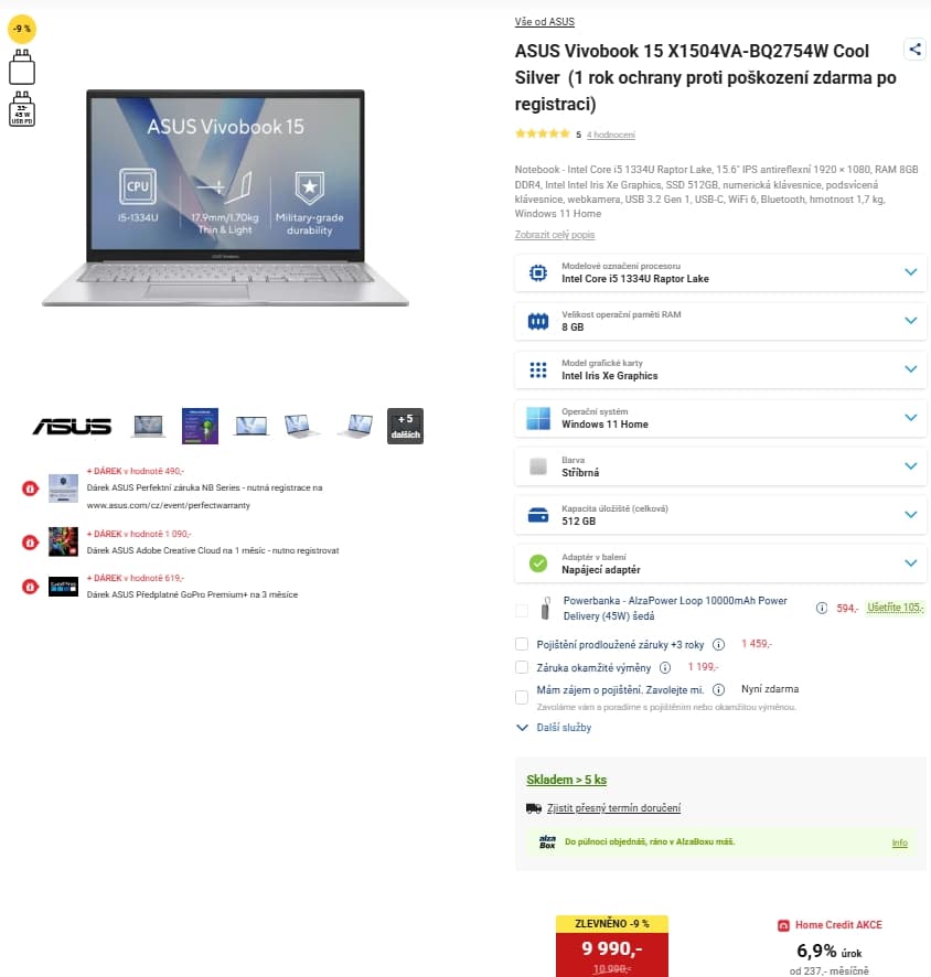 Asus i5 4,6 GHz, 8/512GB, 15,6"