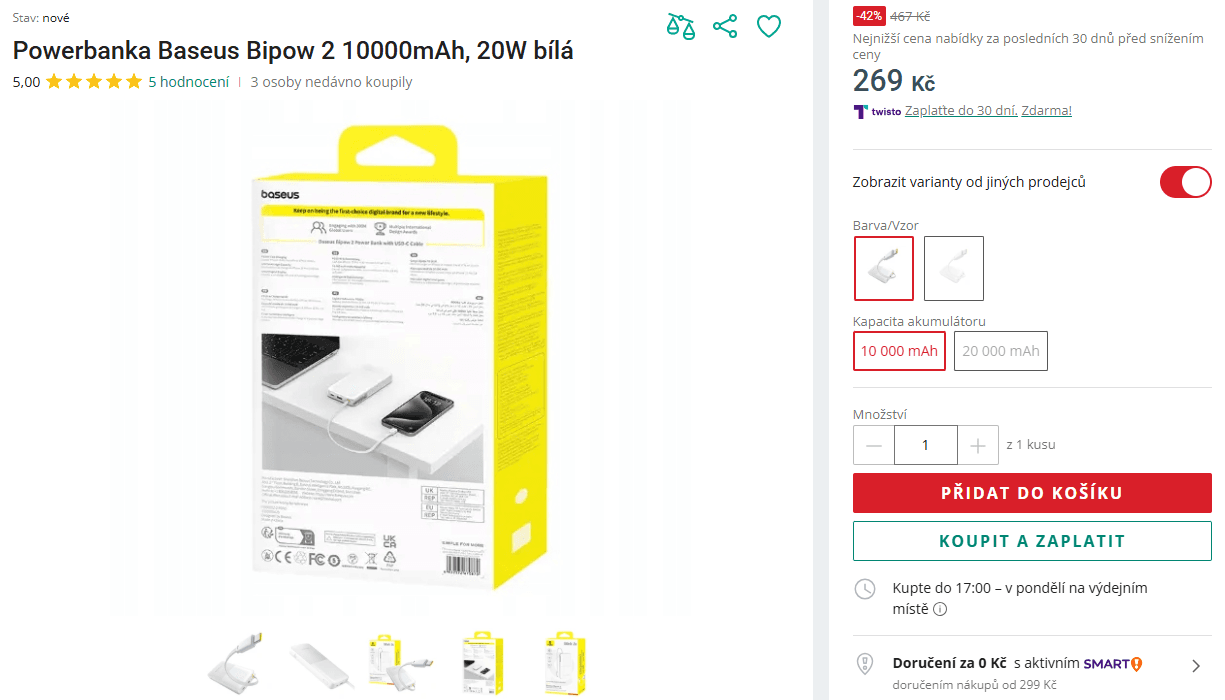 Powerbanka Baseus Bipow 2 10000 mAh, 20 W