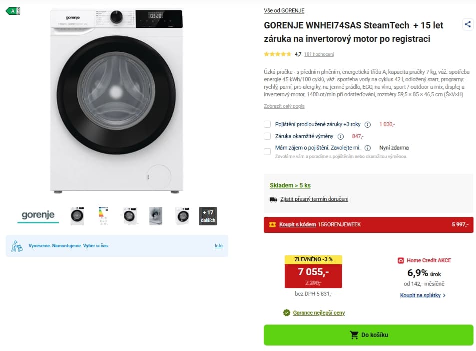 Parní pračka Gorenje 7kg, 1400 ot., A