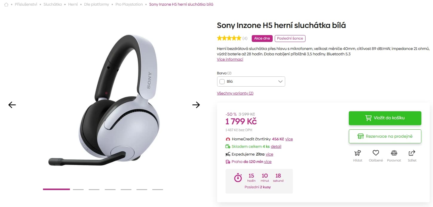 Bezdrátová herní sluchátka Sony Inzone H5, 28 hod.