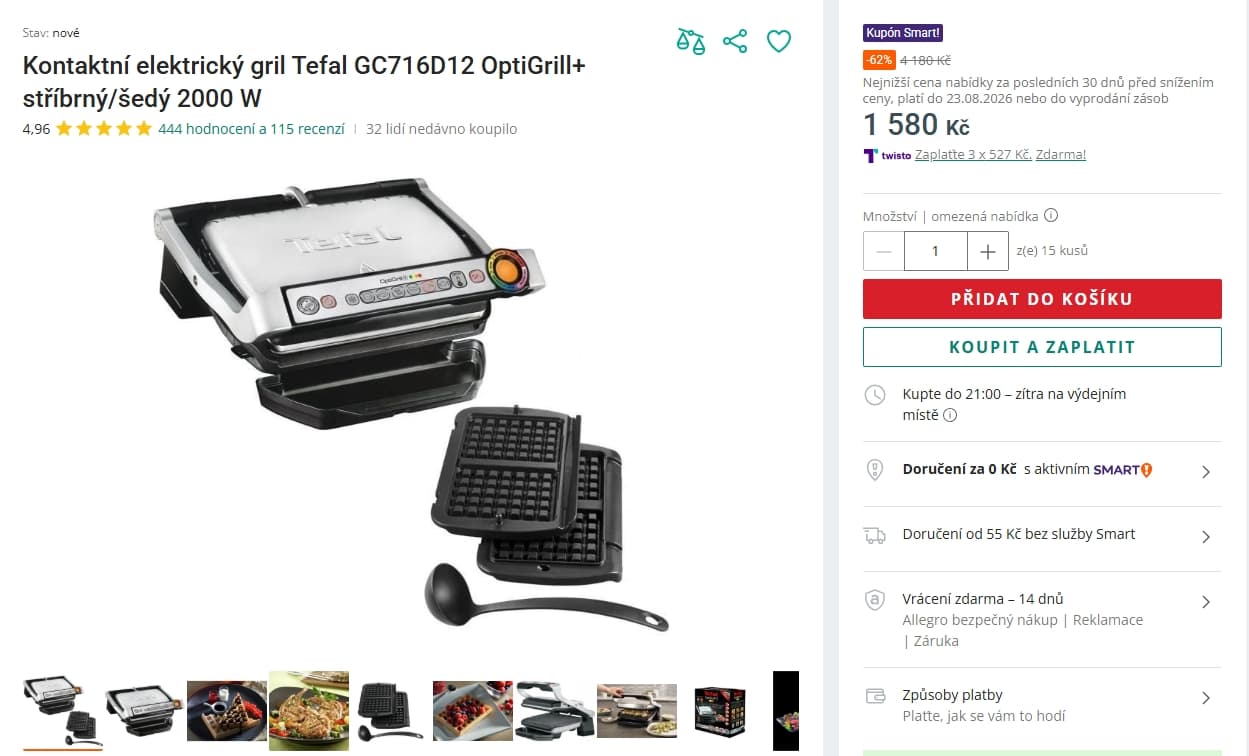 El. gril Tefal OptiGrill+ 30x20 cm, 6 prg