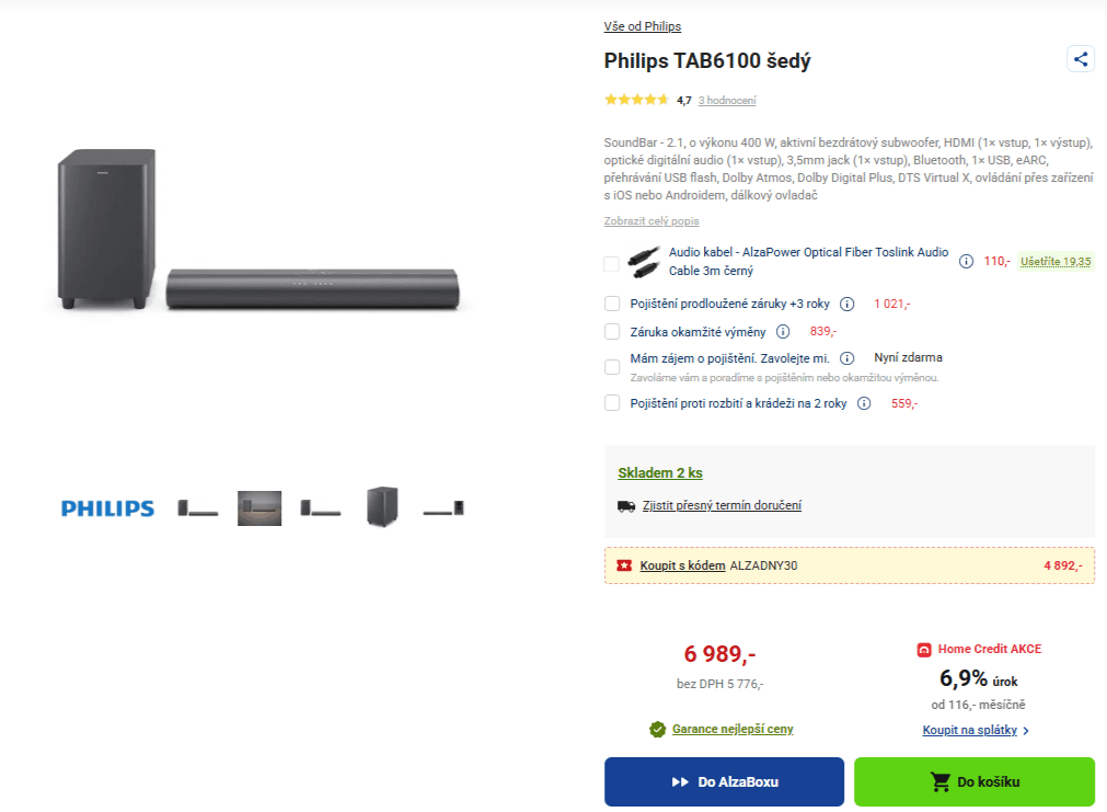 Soundbar Philips 2.1, 200 W, Atmos