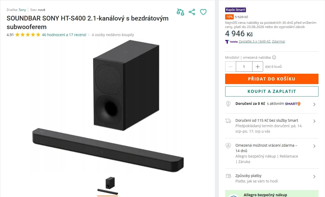 Soundbar SONY, 2.1, 330 W, subwoofer