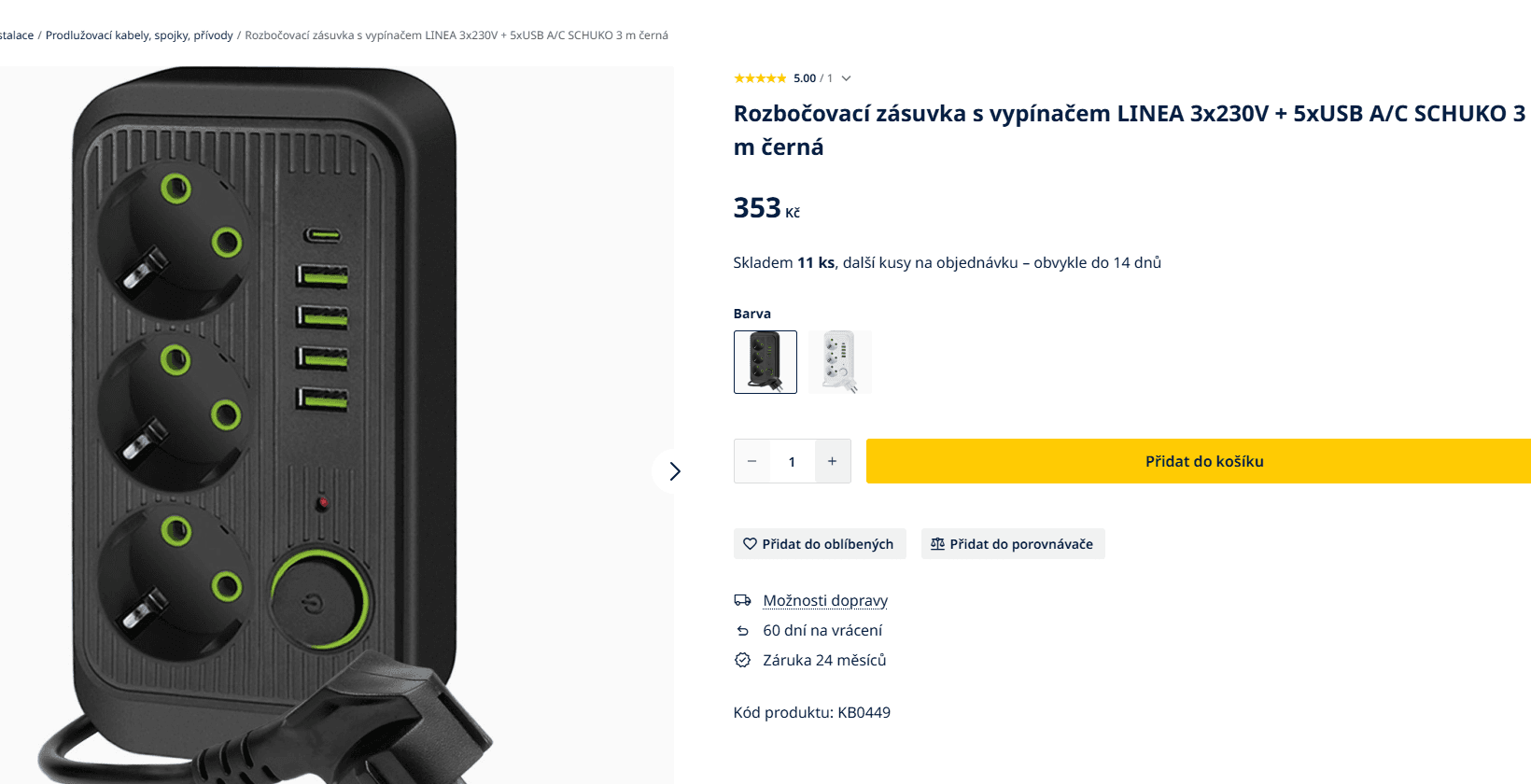 Prodlužovací kabel Kobi, 3 m, 3x 230V, 5x USB