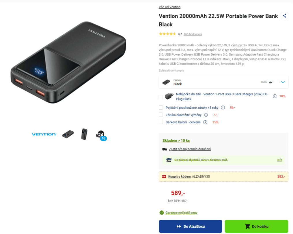 Powerbanka 20000 mAh Vention 22.5W