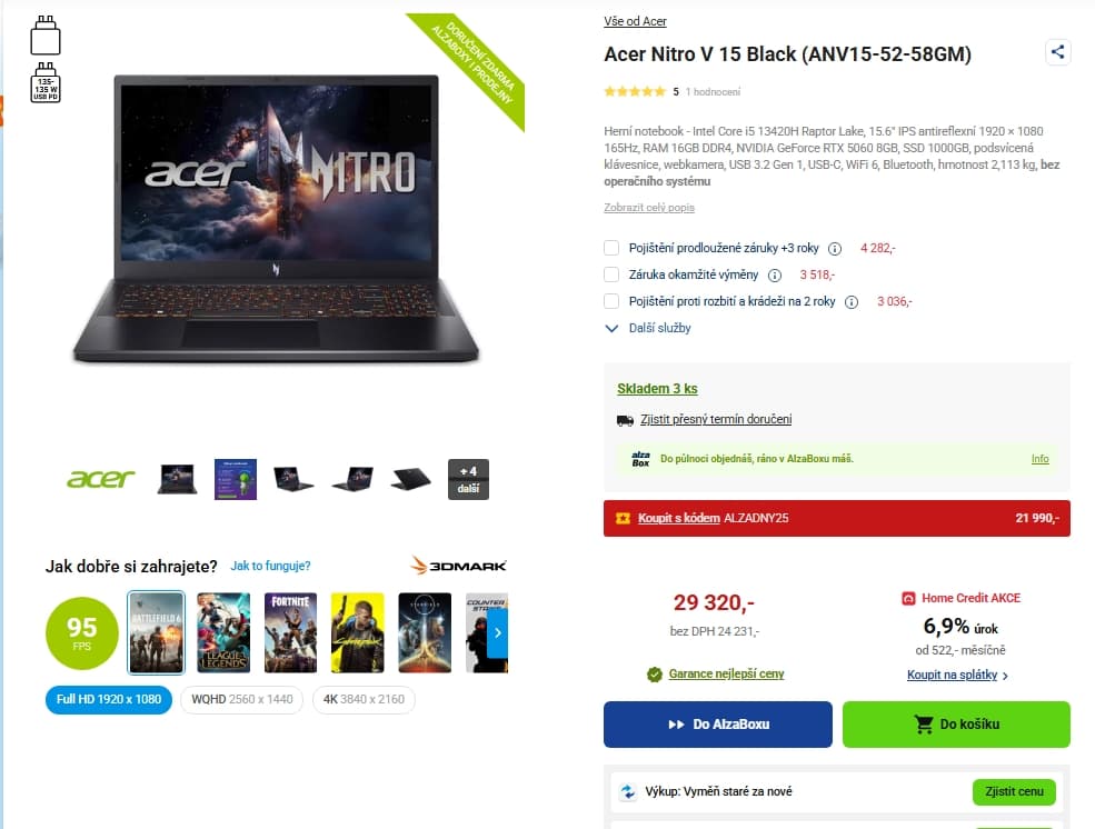 Acer 4,6 GHz, 16/1000GB, 8 GB Nvidia, 15,6"