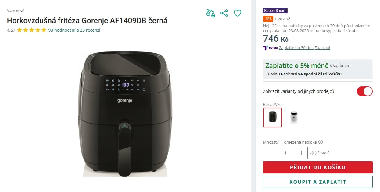 Horkovzdušná fritéza Gorenje 3,5 litru