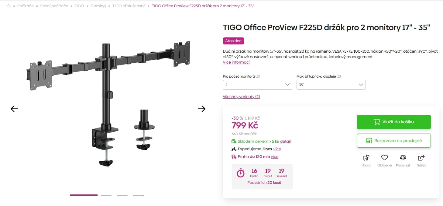Stolní duální držák na dva monitory TIGO