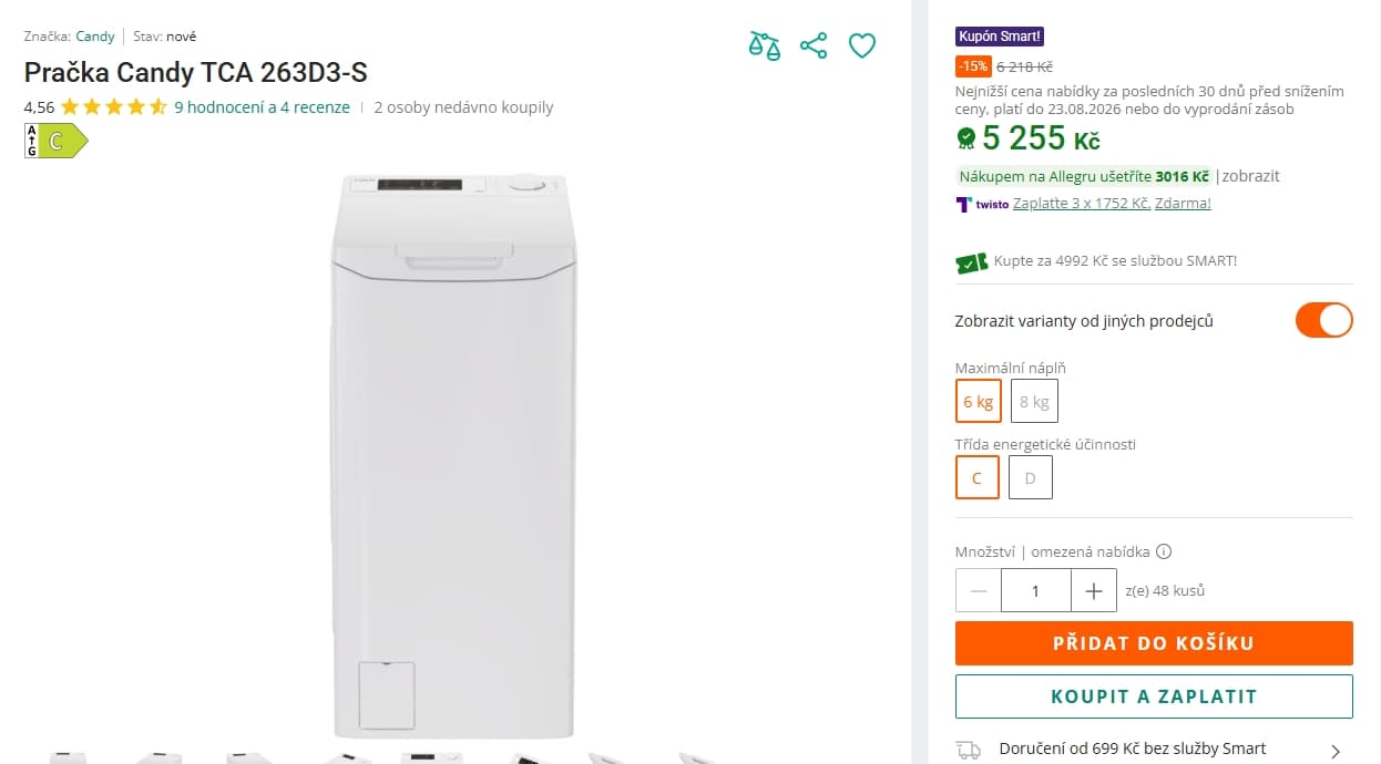 Pračka Candy, 6 kg, 1200 ot/min, Wifi, BT