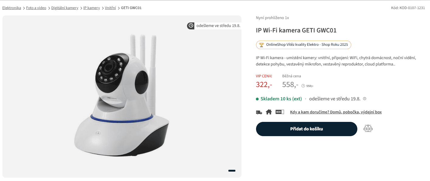 HD vnitřní IP Wifi kamera Geti, pohyb, detekce, noc