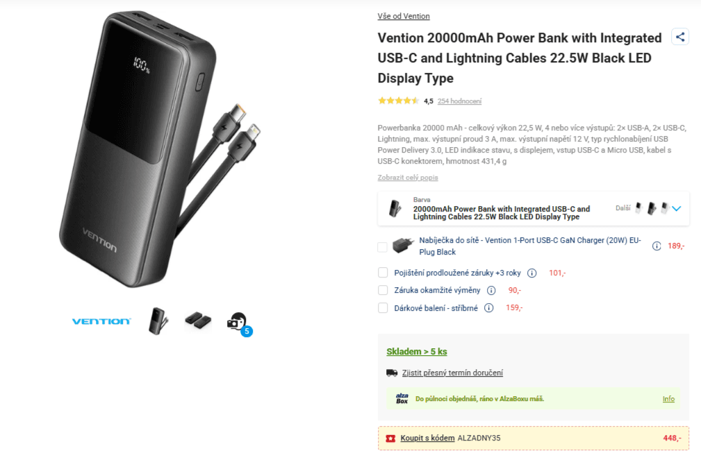 Powerbanka 20000 mAh Vention 22.5W + kabely
