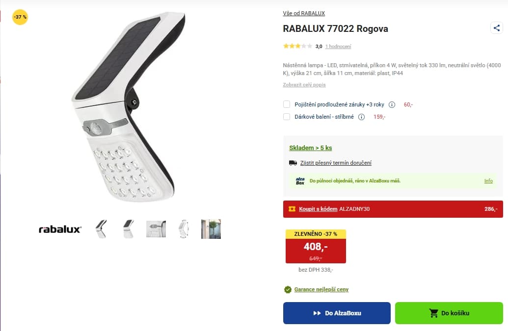 Venkovní nástěnné světlo Rabalux, solár, 330 lm, pohyb