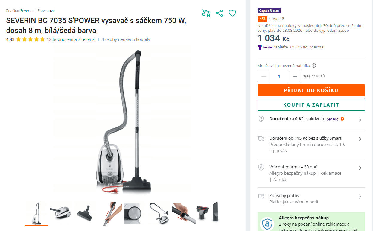 Sáčkový vysavač Severin, HEPA