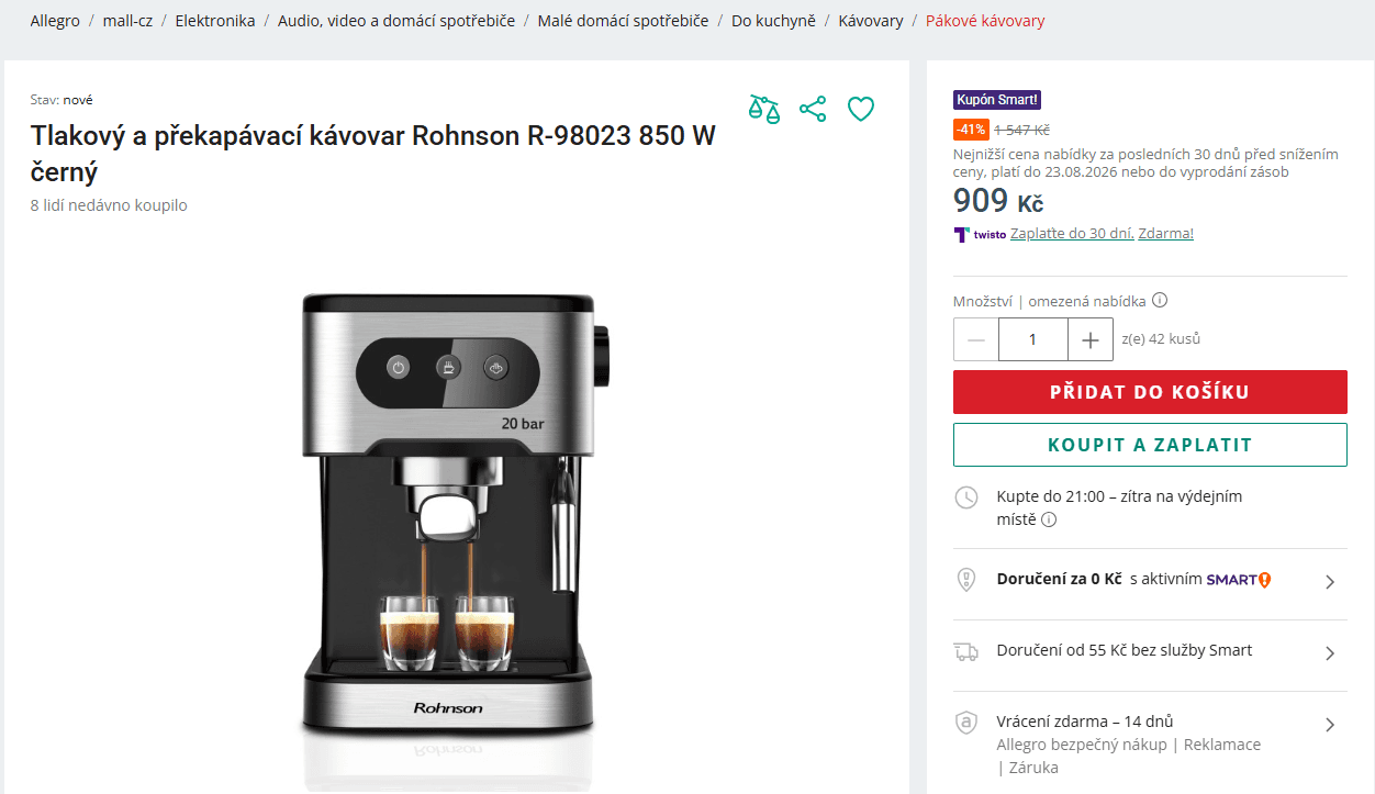 Pákový kávovar Rohnson, 2 šálky, 20 bar
